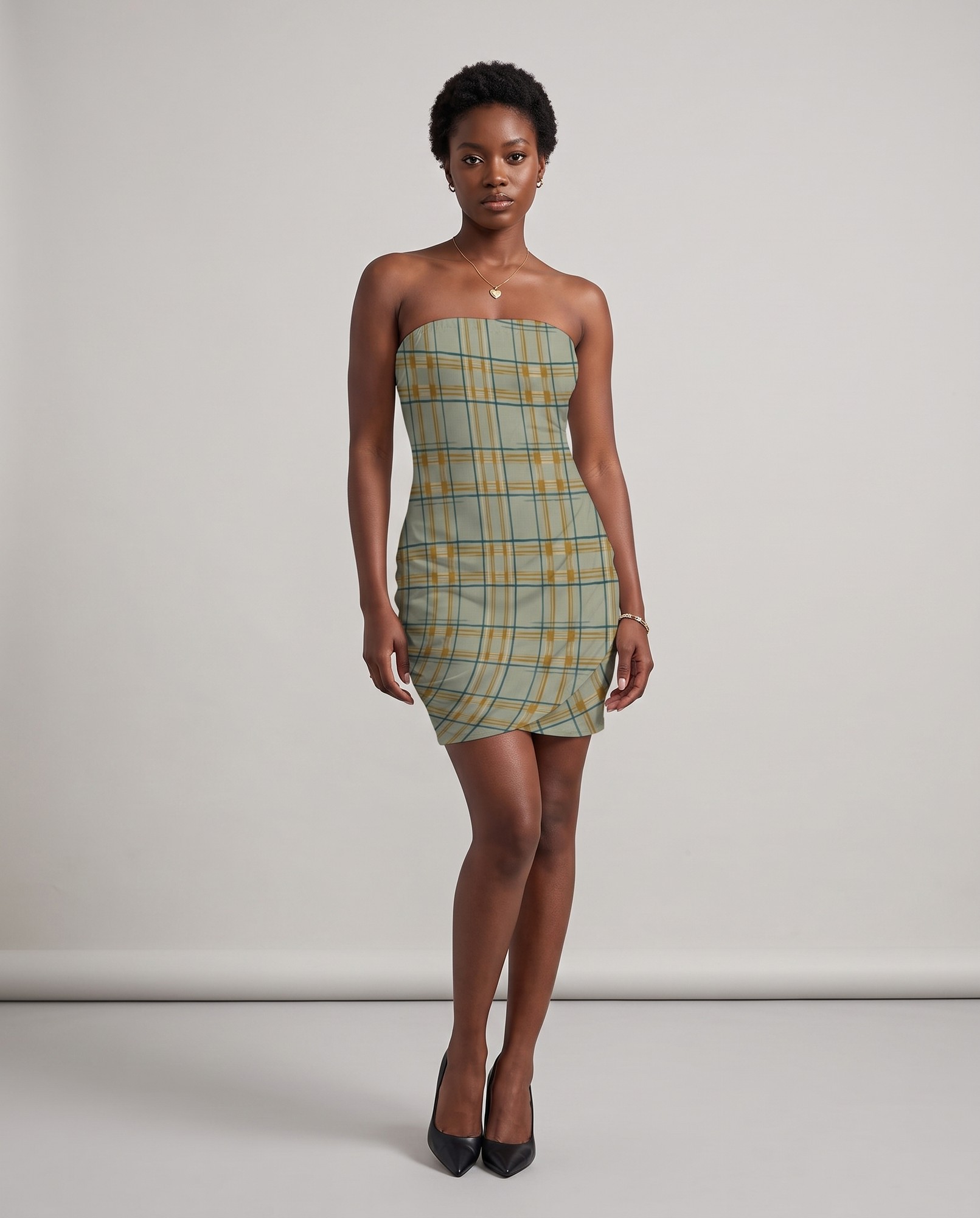Golden Teal Woven Check Strapless